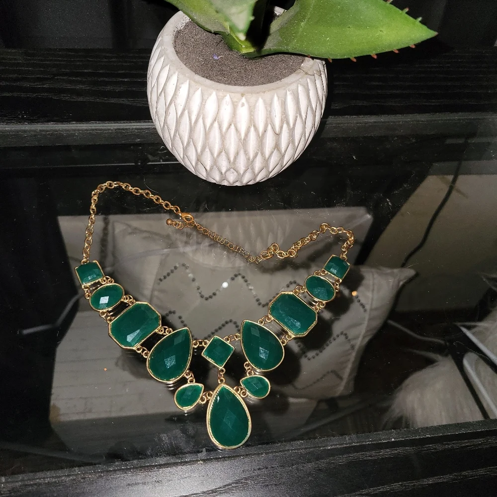 Cookie Lee Green and Gold Statement Necklace - Picture 2 of 4